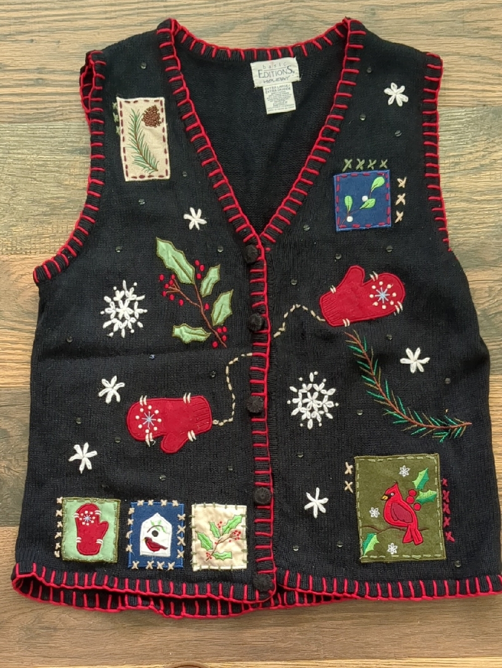 Vintage Holiday Basic Editions Black Knit Christmas Winter Sweater Vest, Size XL